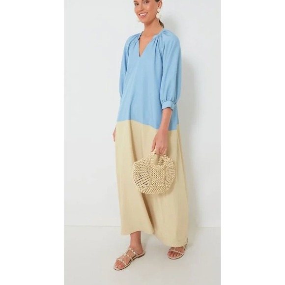 Pomander Place Dresses & Skirts - Pomander Place Gemma Blue Tan Colorblock V-Neck Maxi Dress Balloon Sleeve Large